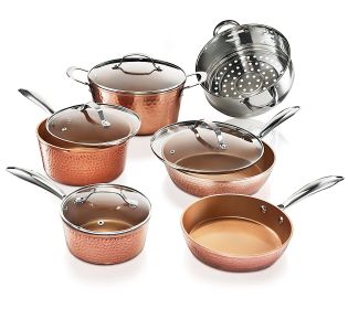 Gotham Steel Hammered 10 Piece Hammered Cookware Set; Oven Safe; Dishwasher Safe - Elegant Pots & Pans - Bronze - Aluminum